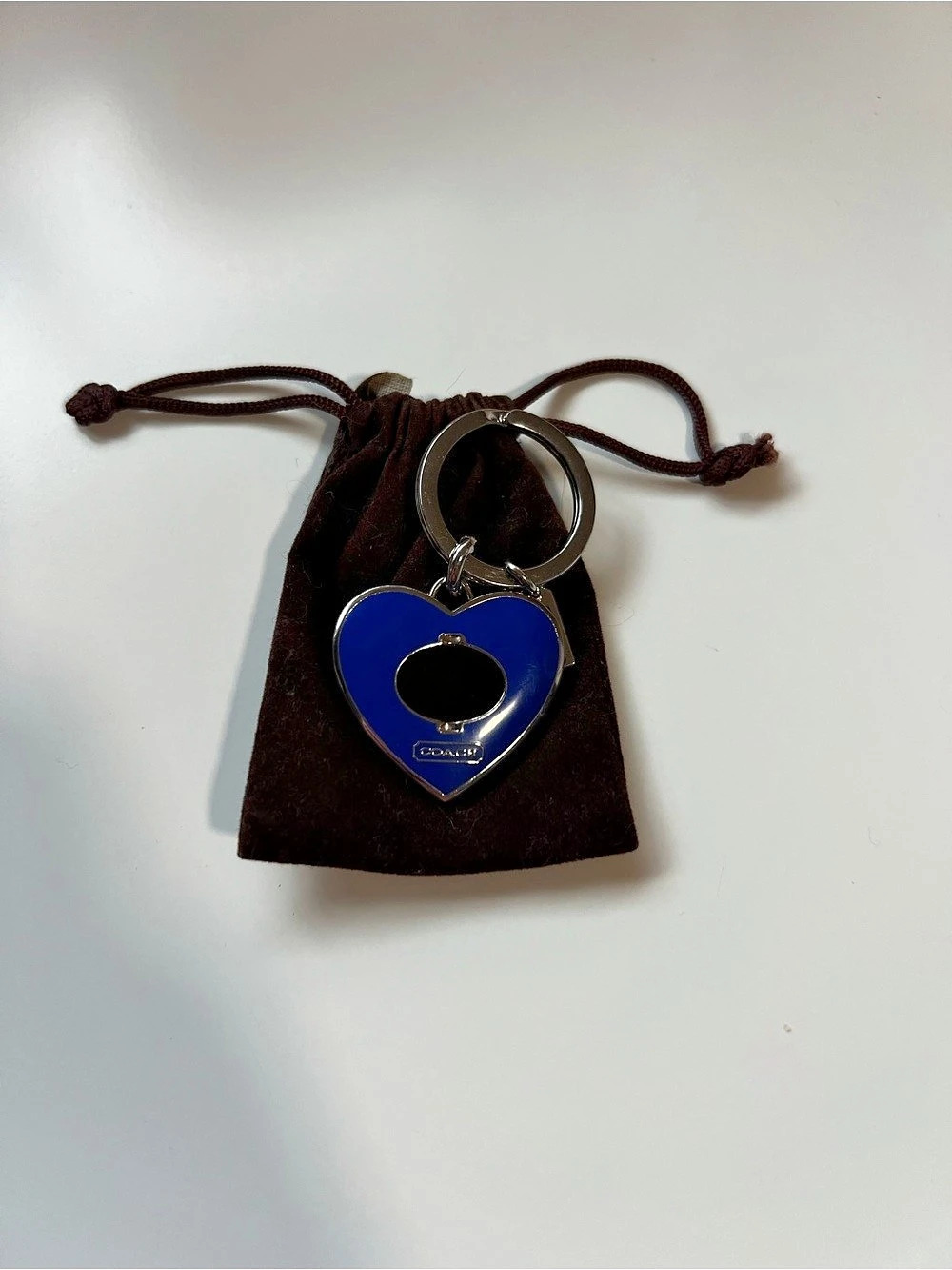 Coach Blue Enamel Heart Keychain Silver Tone Bag Charm With Dust Bag